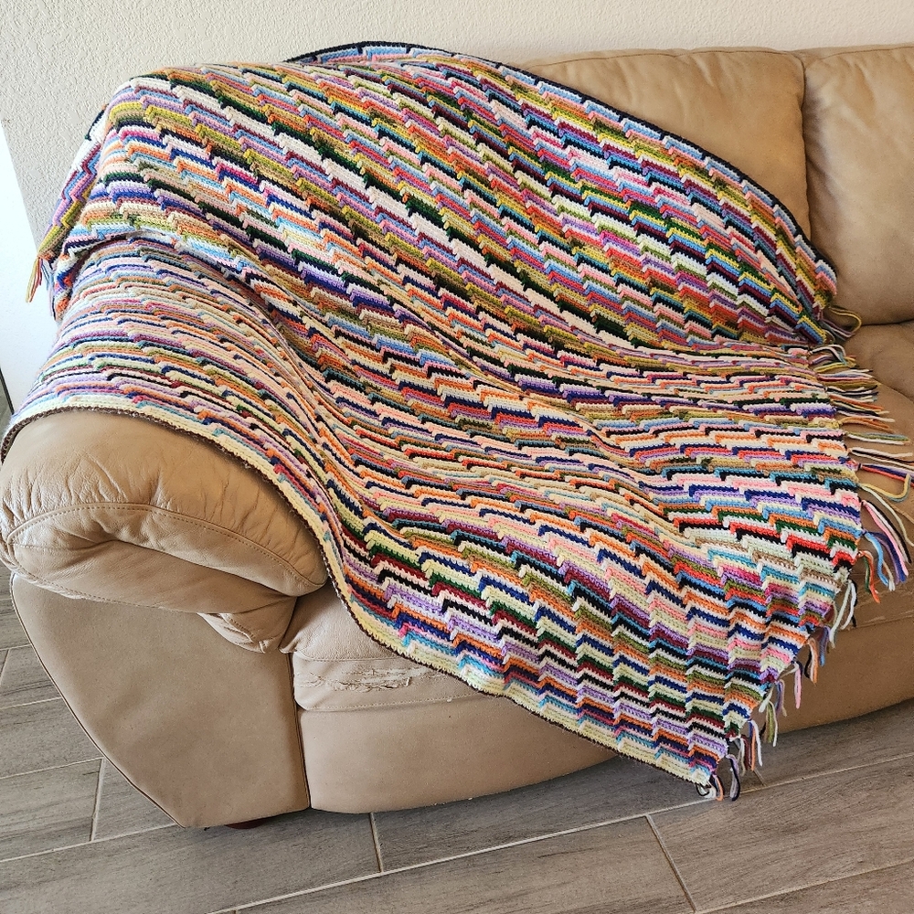 Hand knit blanket stripes zig zag crochet throw couch afghan runner decor artsy
